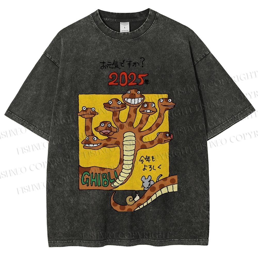 Unisex Japanese Snake Graffiti Printed Washed Tee
