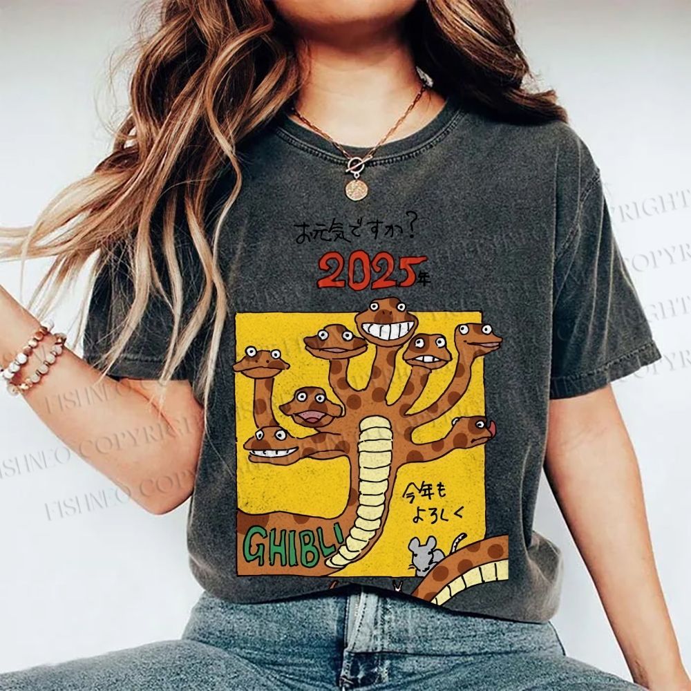 Unisex Japanese Snake Graffiti Printed Washed Tee