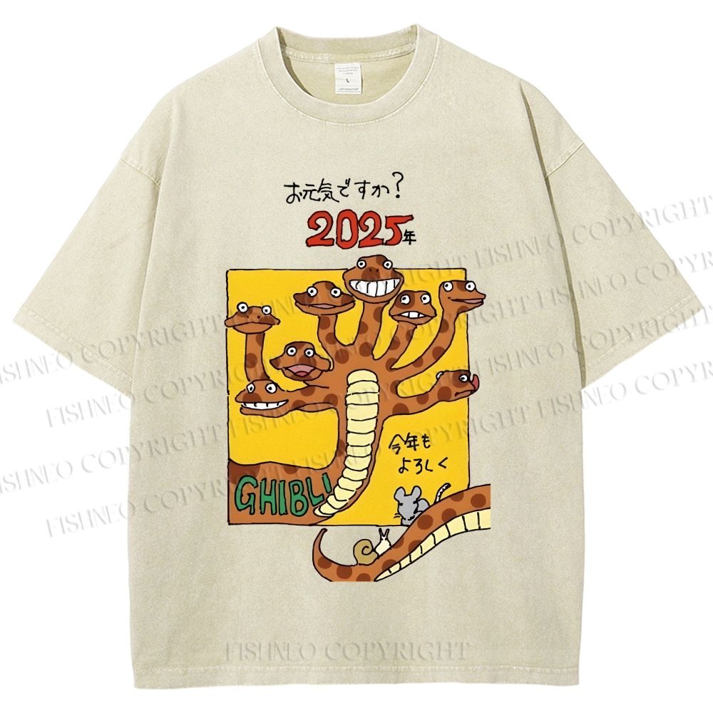Unisex Japanese Snake Graffiti Printed Washed Tee