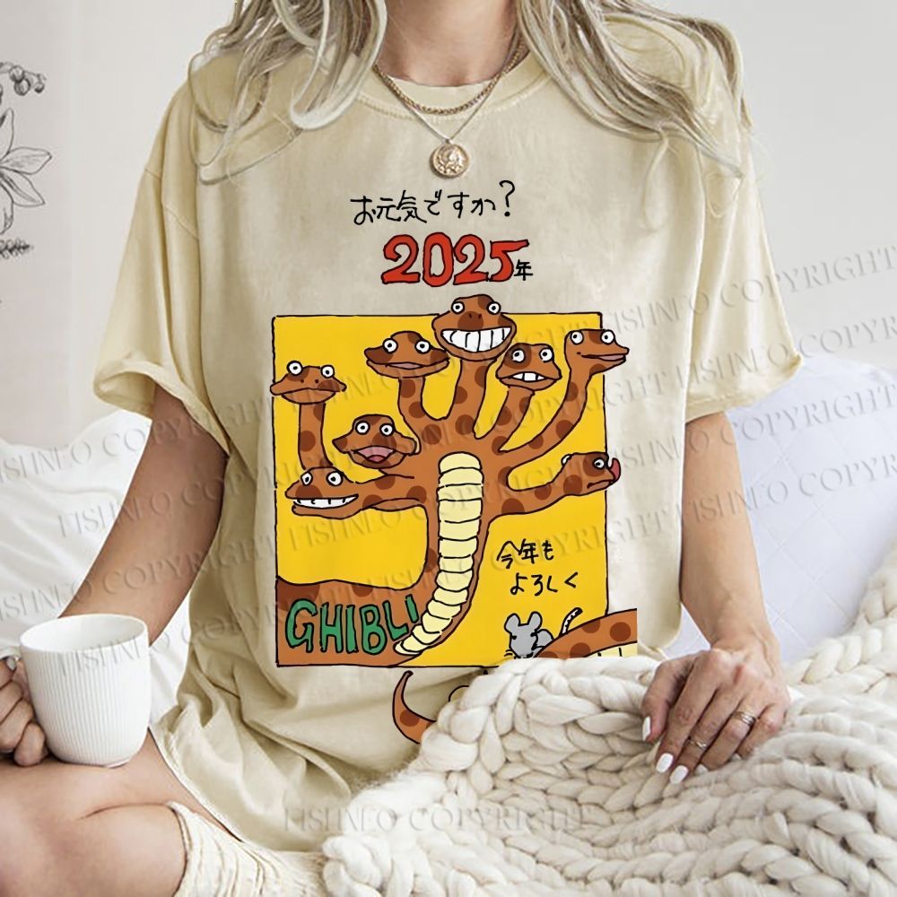 Unisex Japanese Snake Graffiti Printed Washed Tee