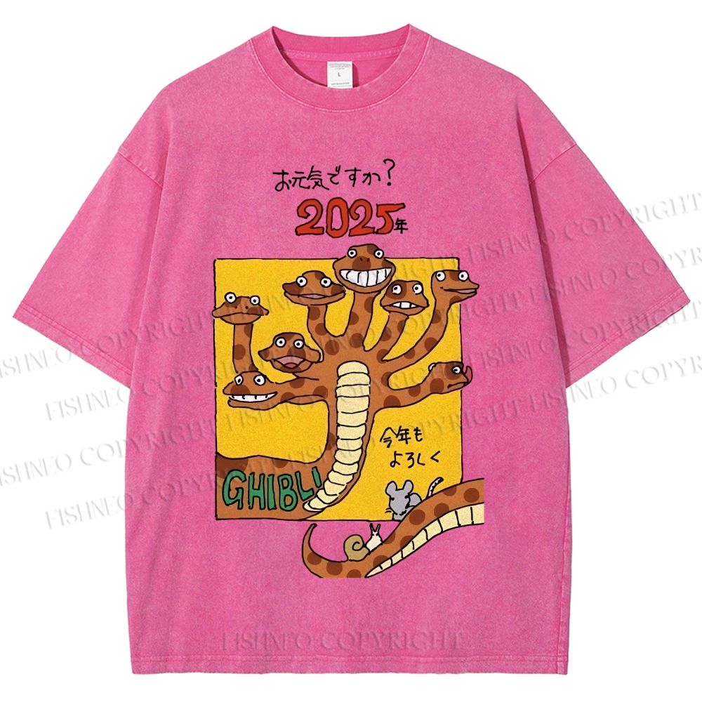 Unisex Japanese Snake Graffiti Printed Washed Tee