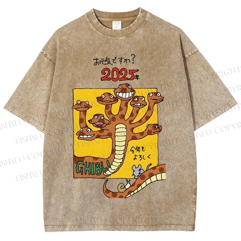 Unisex Japanese Snake Graffiti Printed Washed Tee