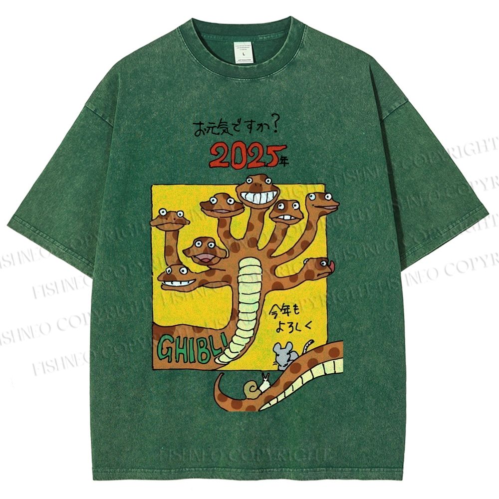 Unisex Japanese Snake Graffiti Printed Washed Tee