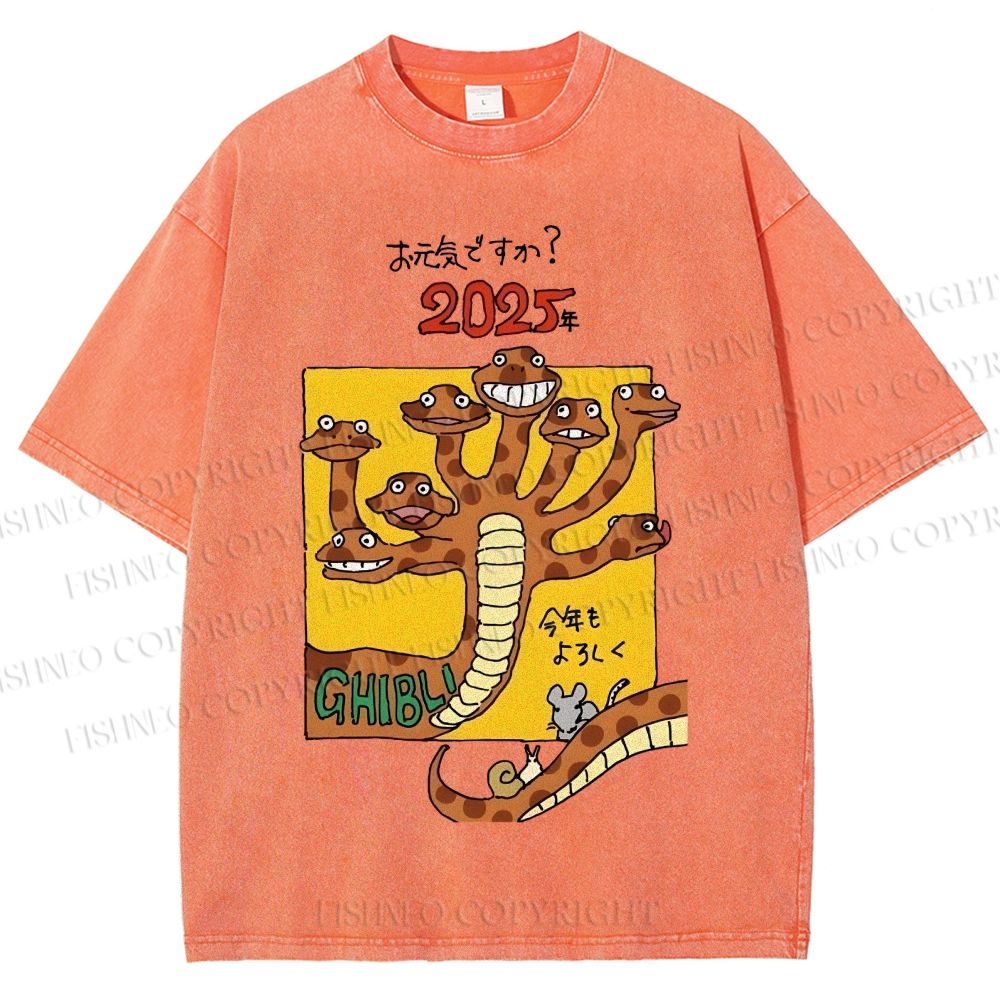 Unisex Japanese Snake Graffiti Printed Washed Tee