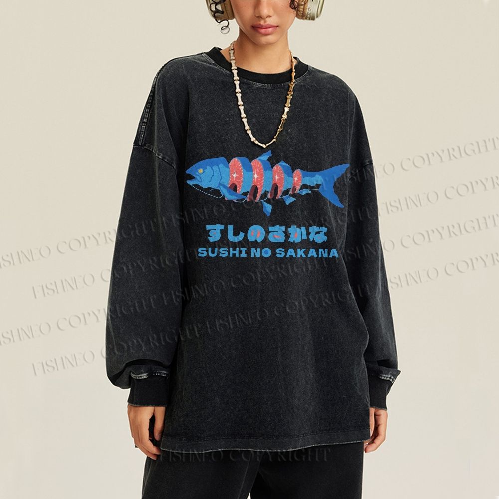 Unisex Japanese Sushi Fish Casual Washed Printed Long Sleeve T-shirt