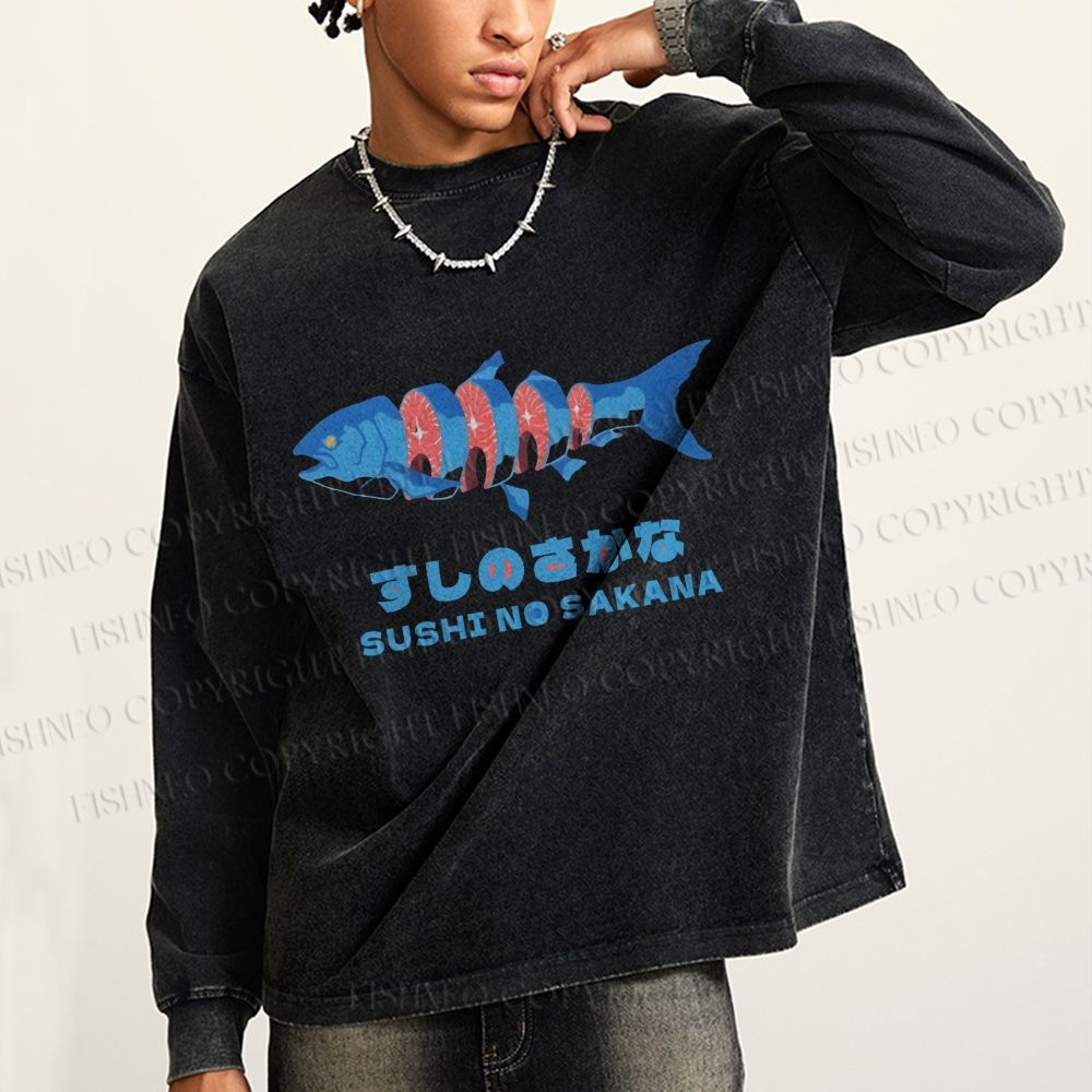 Unisex Japanese Sushi Fish Casual Washed Printed Long Sleeve T-shirt