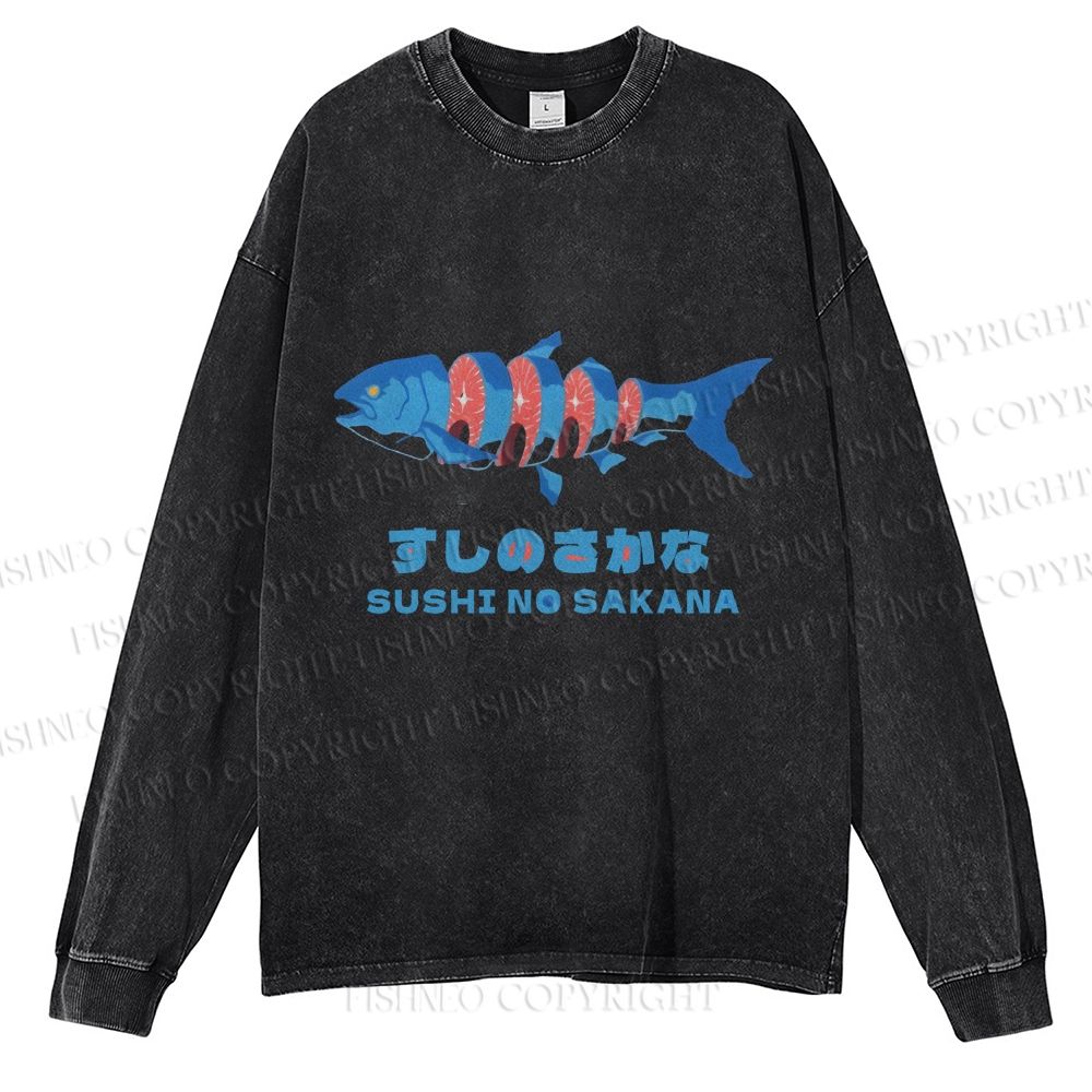 Unisex Japanese Sushi Fish Casual Washed Printed Long Sleeve T-shirt