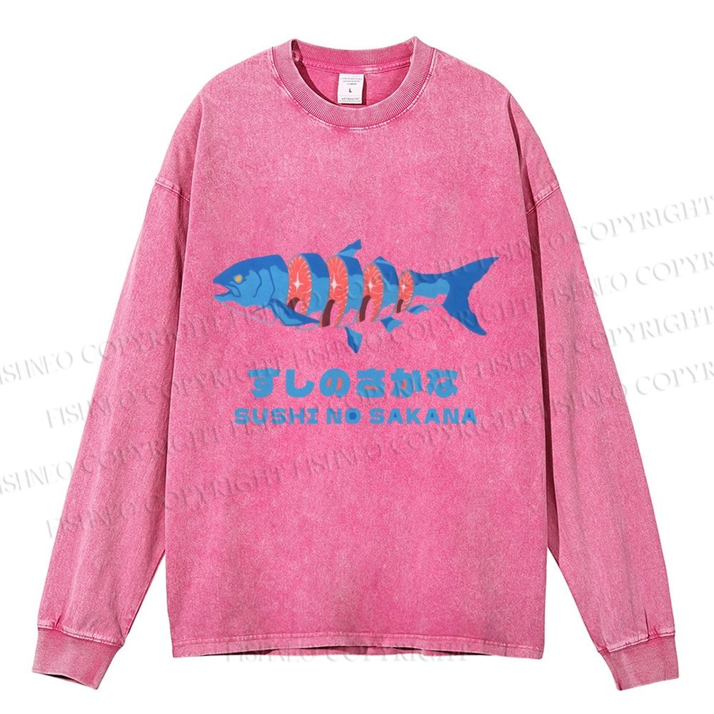 Unisex Japanese Sushi Fish Casual Washed Printed Long Sleeve T-shirt