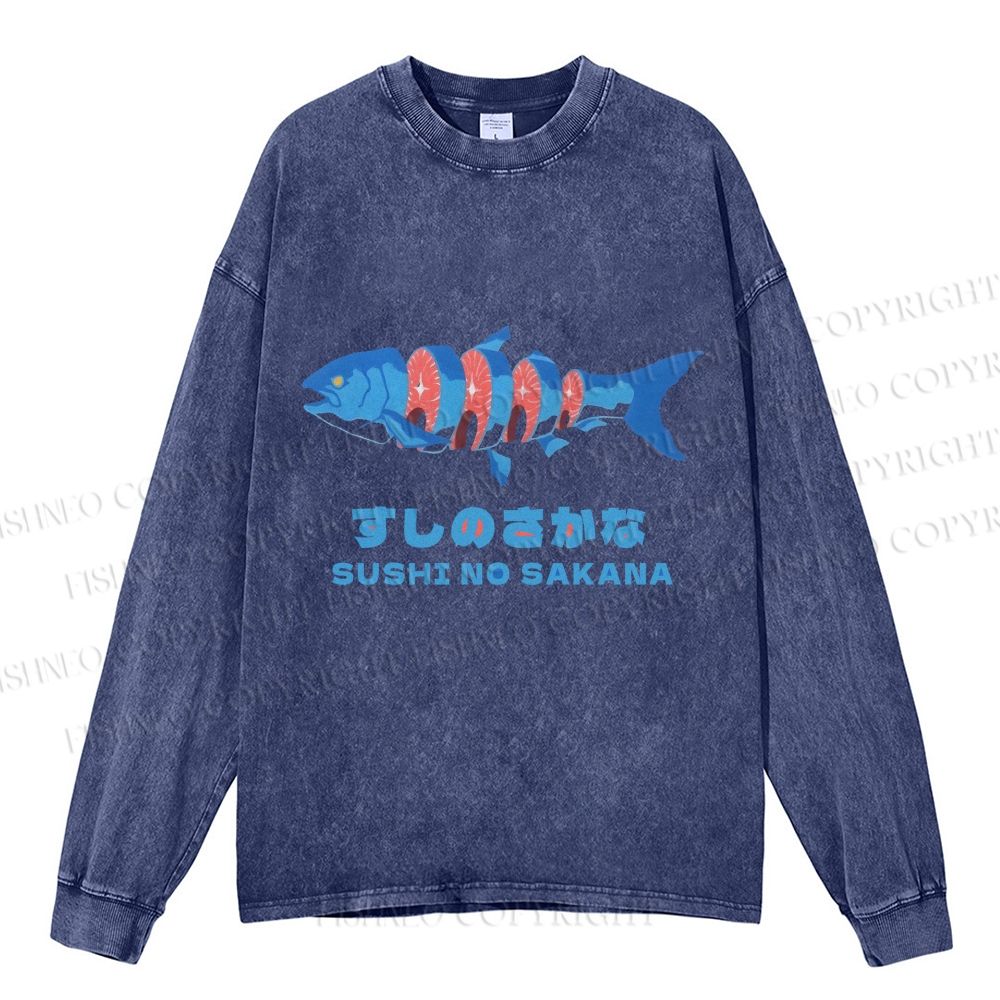 Unisex Japanese Sushi Fish Casual Washed Printed Long Sleeve T-shirt