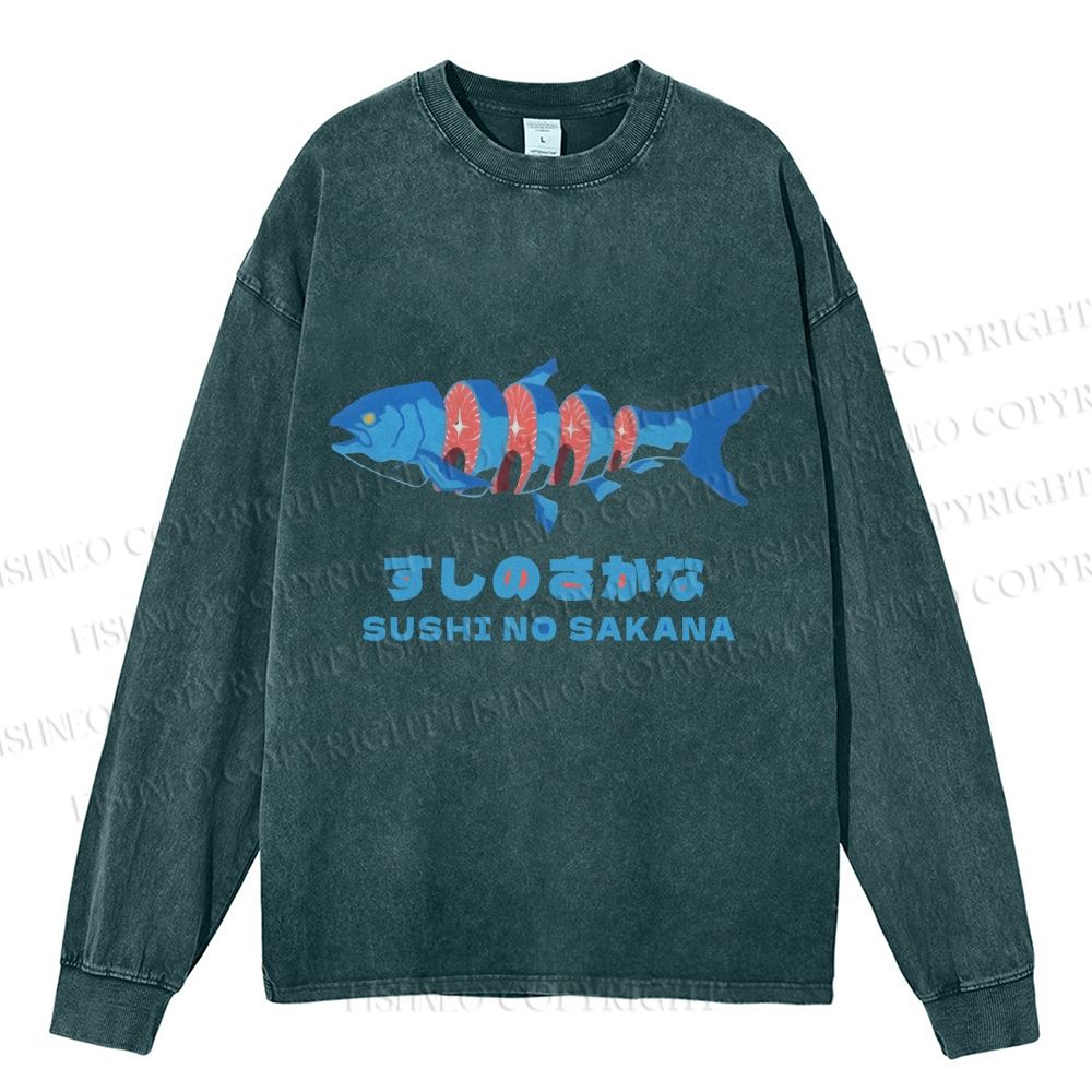 Unisex Japanese Sushi Fish Casual Washed Printed Long Sleeve T-shirt