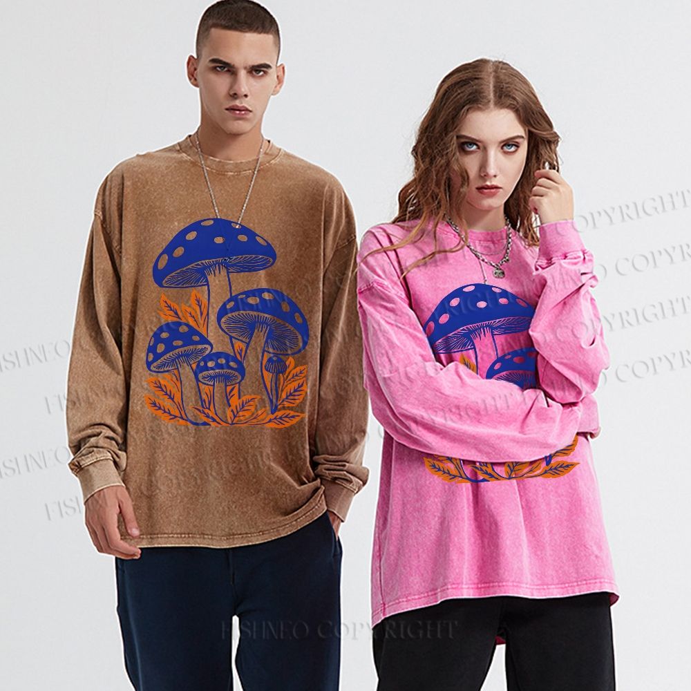 Unisex Mushrooms Casual Washed Printed Long Sleeve T-shirt