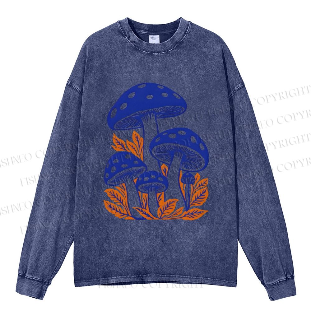 Unisex Mushrooms Casual Washed Printed Long Sleeve T-shirt