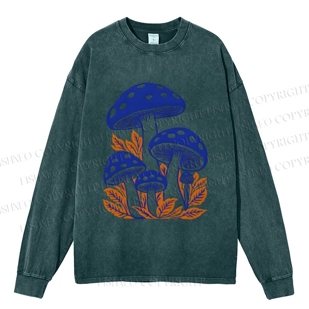 Unisex Mushrooms Casual Washed Printed Long Sleeve T-shirt