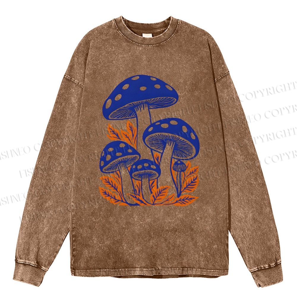 Unisex Mushrooms Casual Washed Printed Long Sleeve T-shirt
