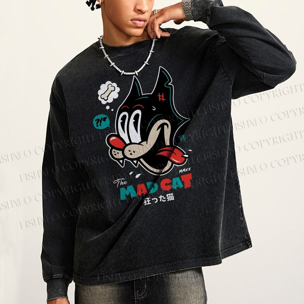 Unisex Casual Washed Mad Cat Printed Long Sleeve T-shirt