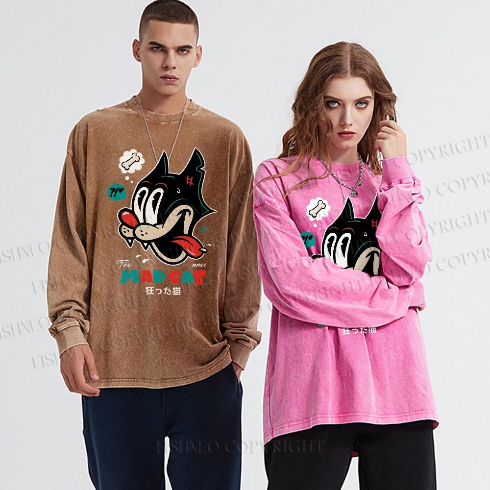 Unisex Casual Washed Mad Cat Printed Long Sleeve T-shirt