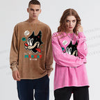 Unisex Casual Washed Mad Cat Printed Long Sleeve T-shirt