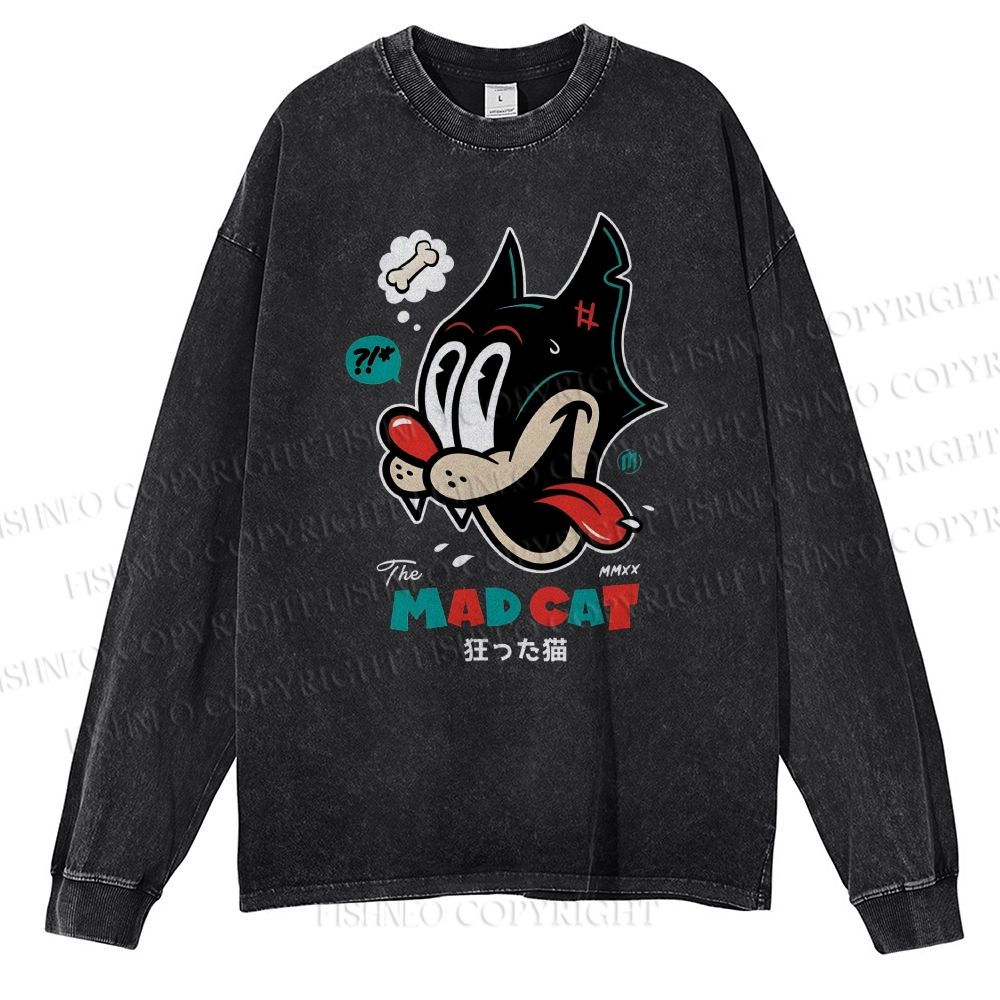 Unisex Casual Washed Mad Cat Printed Long Sleeve T-shirt