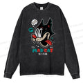 Unisex Casual Washed Mad Cat Printed Long Sleeve T-shirt