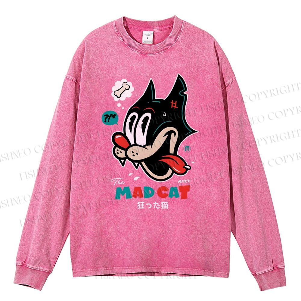 Unisex Casual Washed Mad Cat Printed Long Sleeve T-shirt