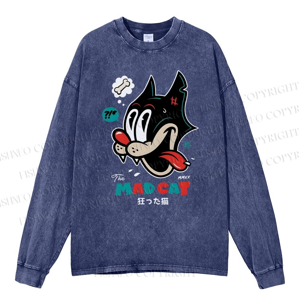 Unisex Casual Washed Mad Cat Printed Long Sleeve T-shirt