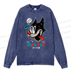 Unisex Casual Washed Mad Cat Printed Long Sleeve T-shirt