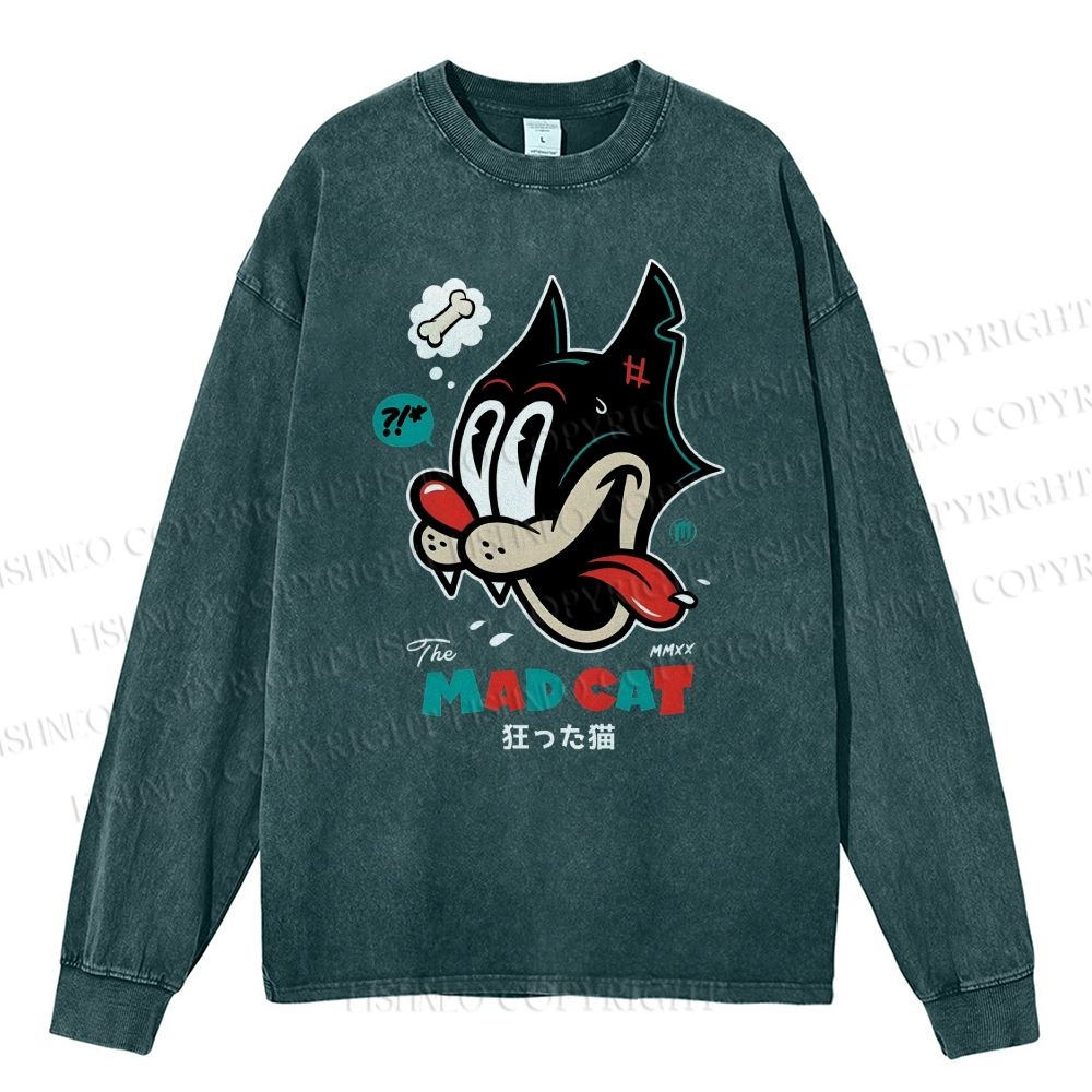 Unisex Casual Washed Mad Cat Printed Long Sleeve T-shirt