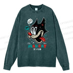 Unisex Casual Washed Mad Cat Printed Long Sleeve T-shirt