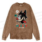 Unisex Casual Washed Mad Cat Printed Long Sleeve T-shirt