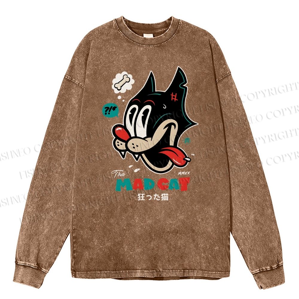 Unisex Casual Washed Mad Cat Printed Long Sleeve T-shirt