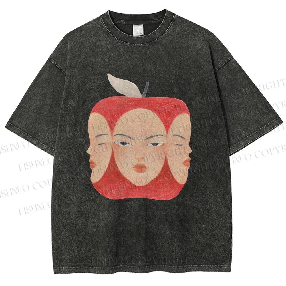 Unisex Weird Apple Face Printed Washed Tee