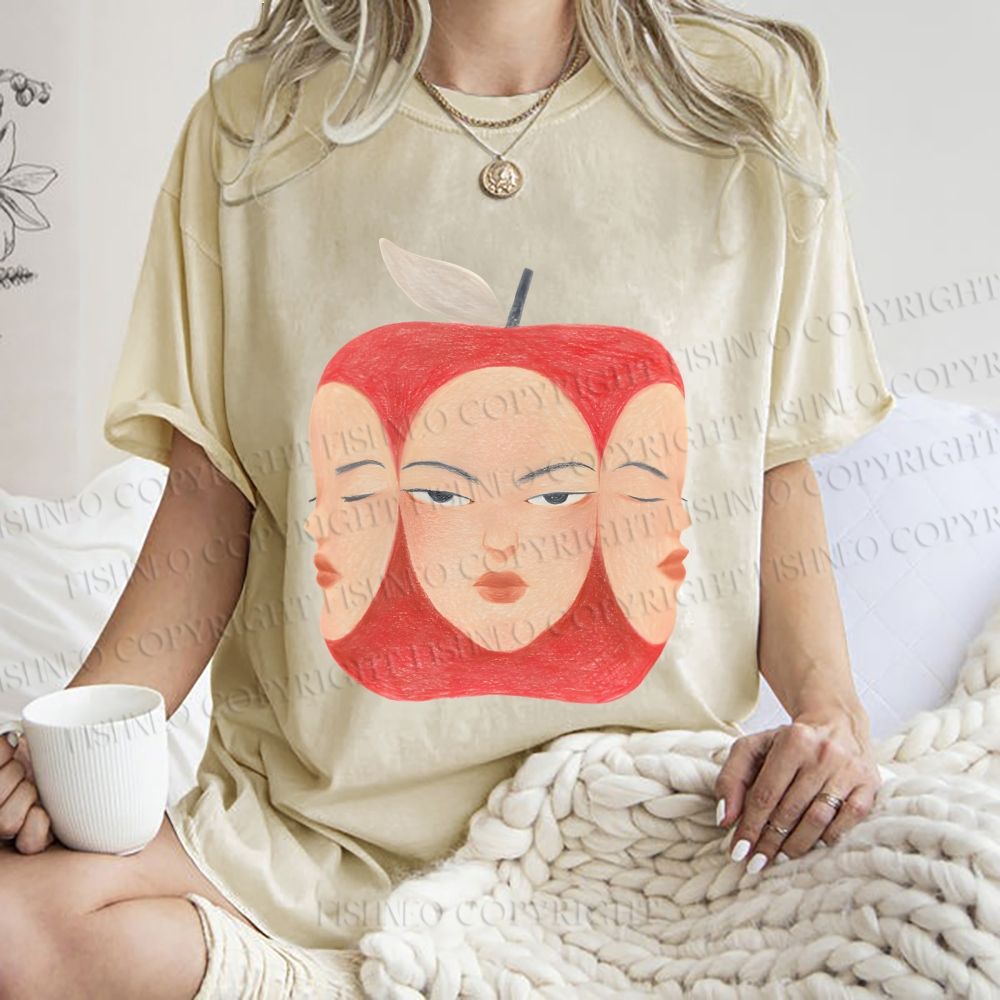 Unisex Weird Apple Face Printed Washed Tee