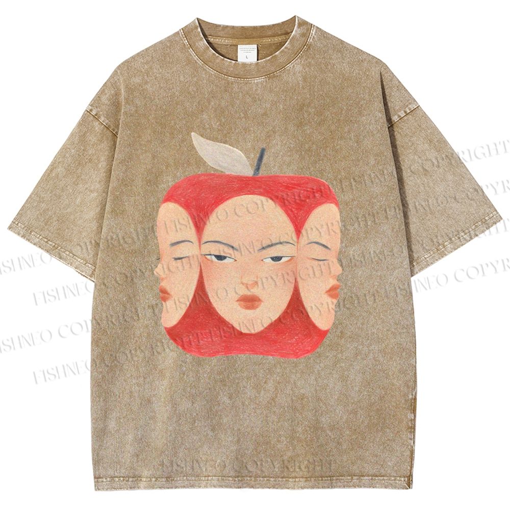 Unisex Weird Apple Face Printed Washed Tee