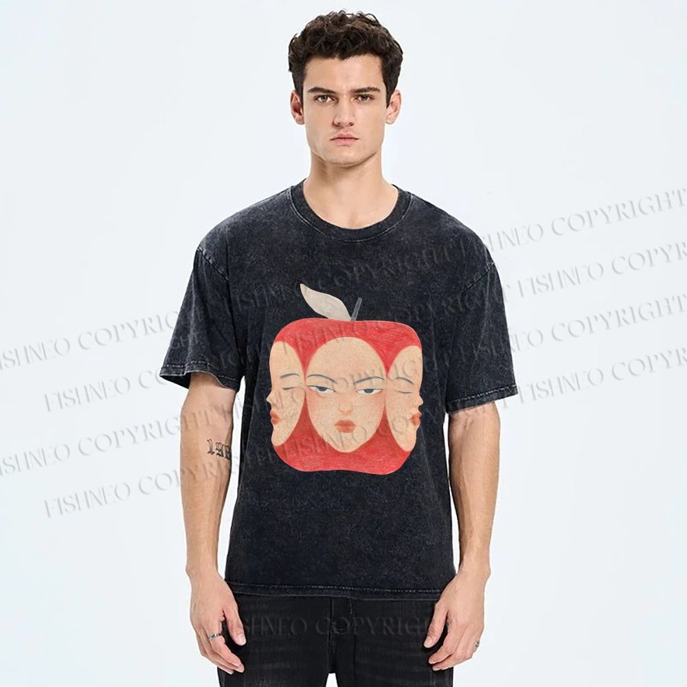 Unisex Weird Apple Face Printed Washed Tee