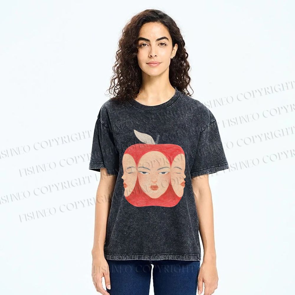 Unisex Weird Apple Face Printed Washed Tee