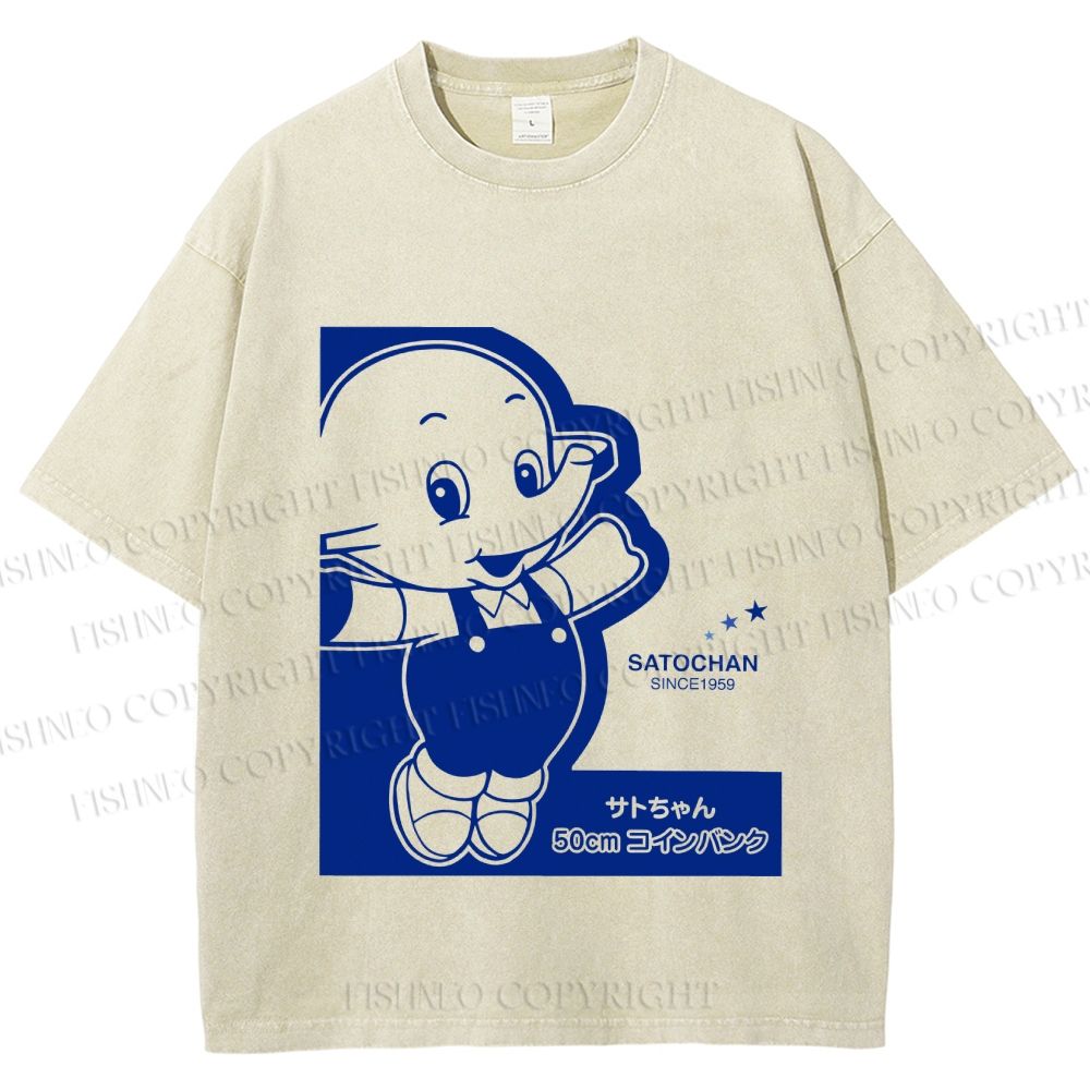 Unisex Vintage Japanese Elephant Printed Washed Tee