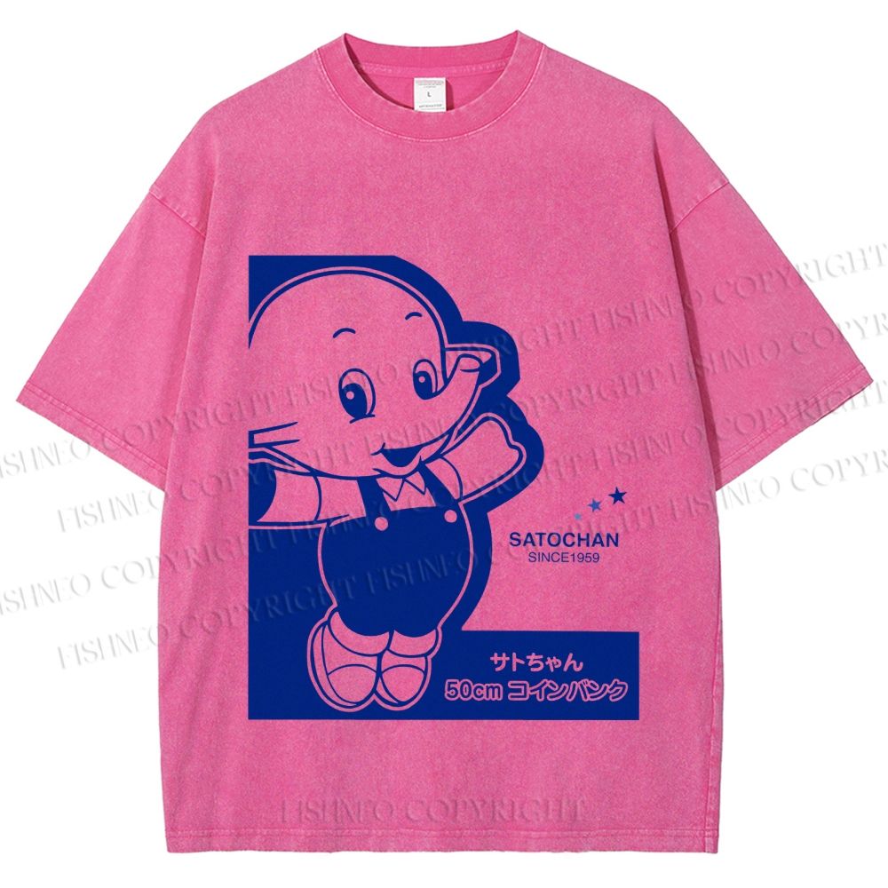 Unisex Vintage Japanese Elephant Printed Washed Tee