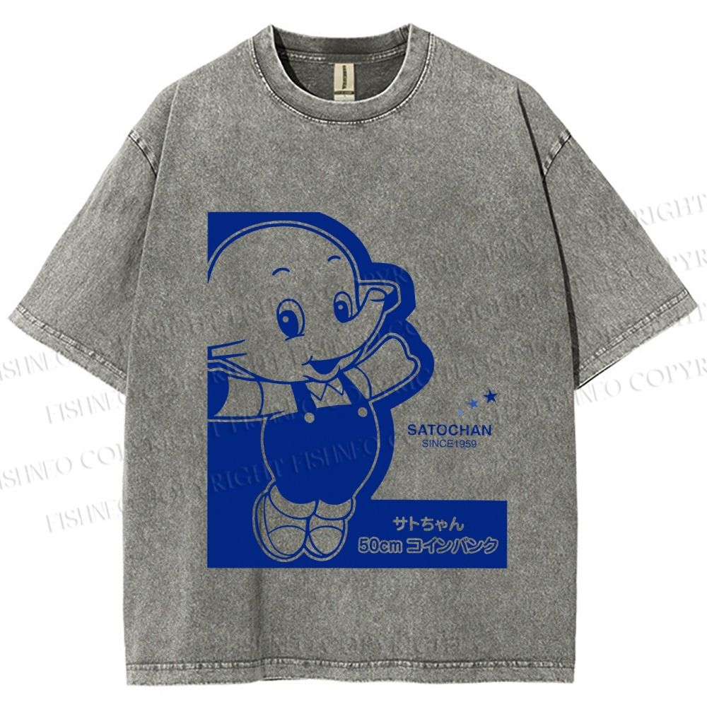 Unisex Vintage Japanese Elephant Printed Washed Tee