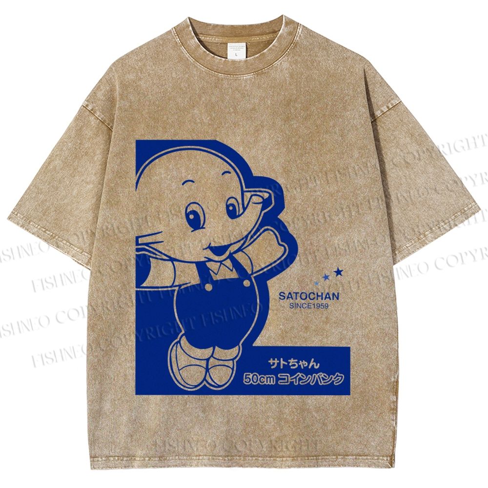 Unisex Vintage Japanese Elephant Printed Washed Tee