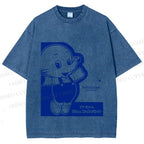 Unisex Vintage Japanese Elephant Printed Washed Tee