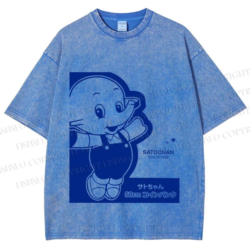 Unisex Vintage Japanese Elephant Printed Washed Tee