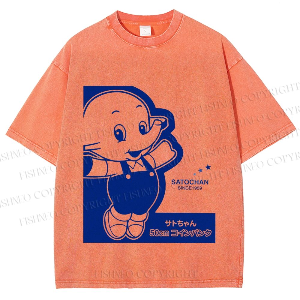 Unisex Vintage Japanese Elephant Printed Washed Tee