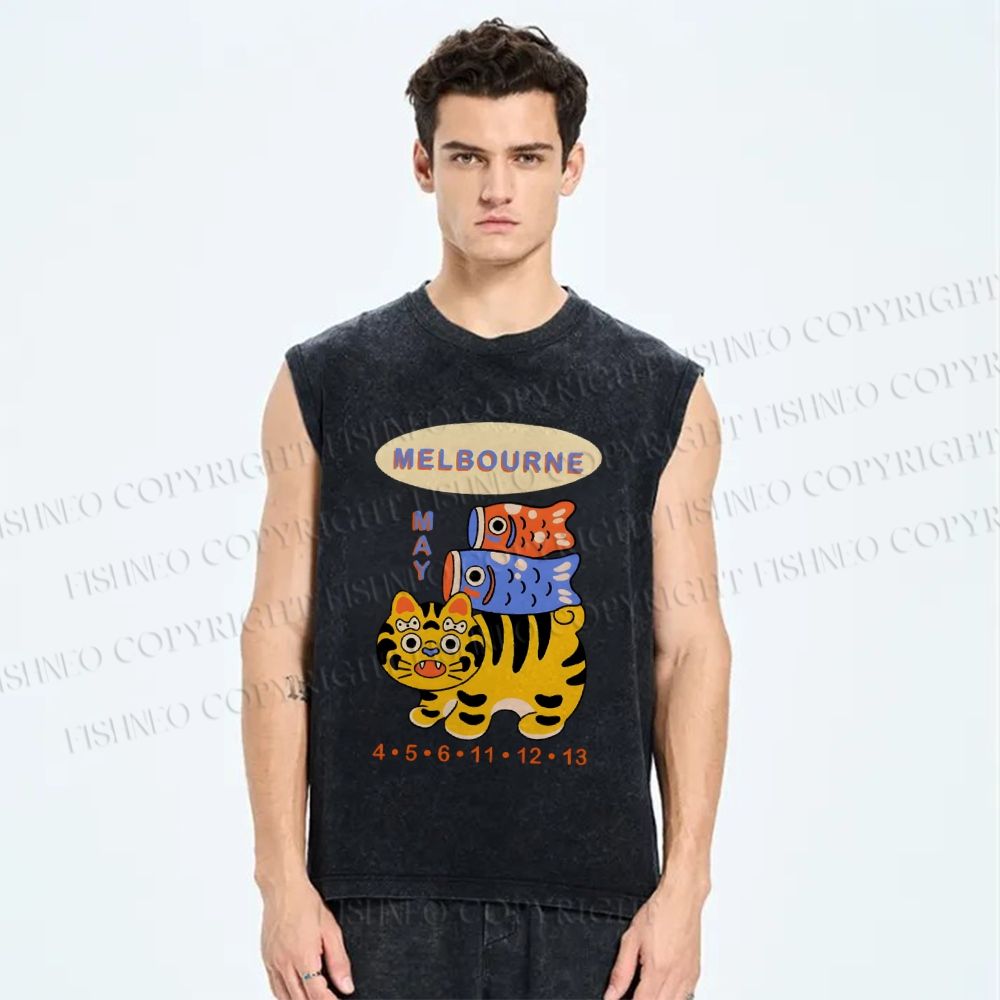 Unisex Tiger Fish Kite Printed Washed Tank Top