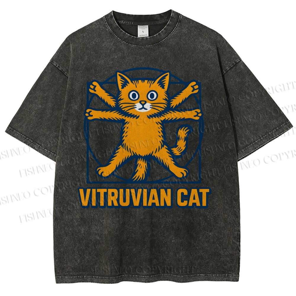 Unisex Vitruvian Cat Printed Washed Tee