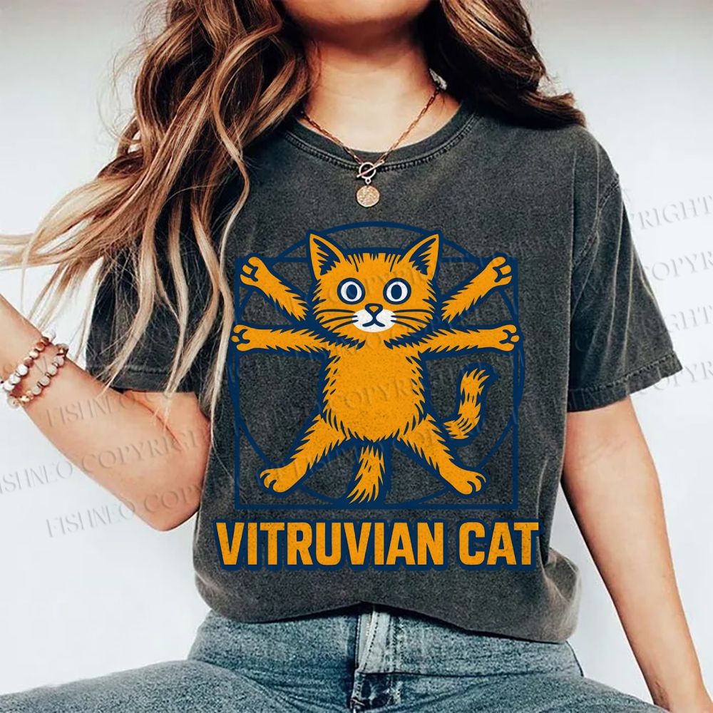 Unisex Vitruvian Cat Printed Washed Tee