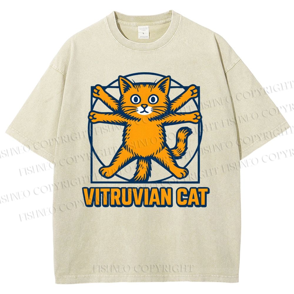 Unisex Vitruvian Cat Printed Washed Tee