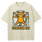 Unisex Vitruvian Cat Printed Washed Tee