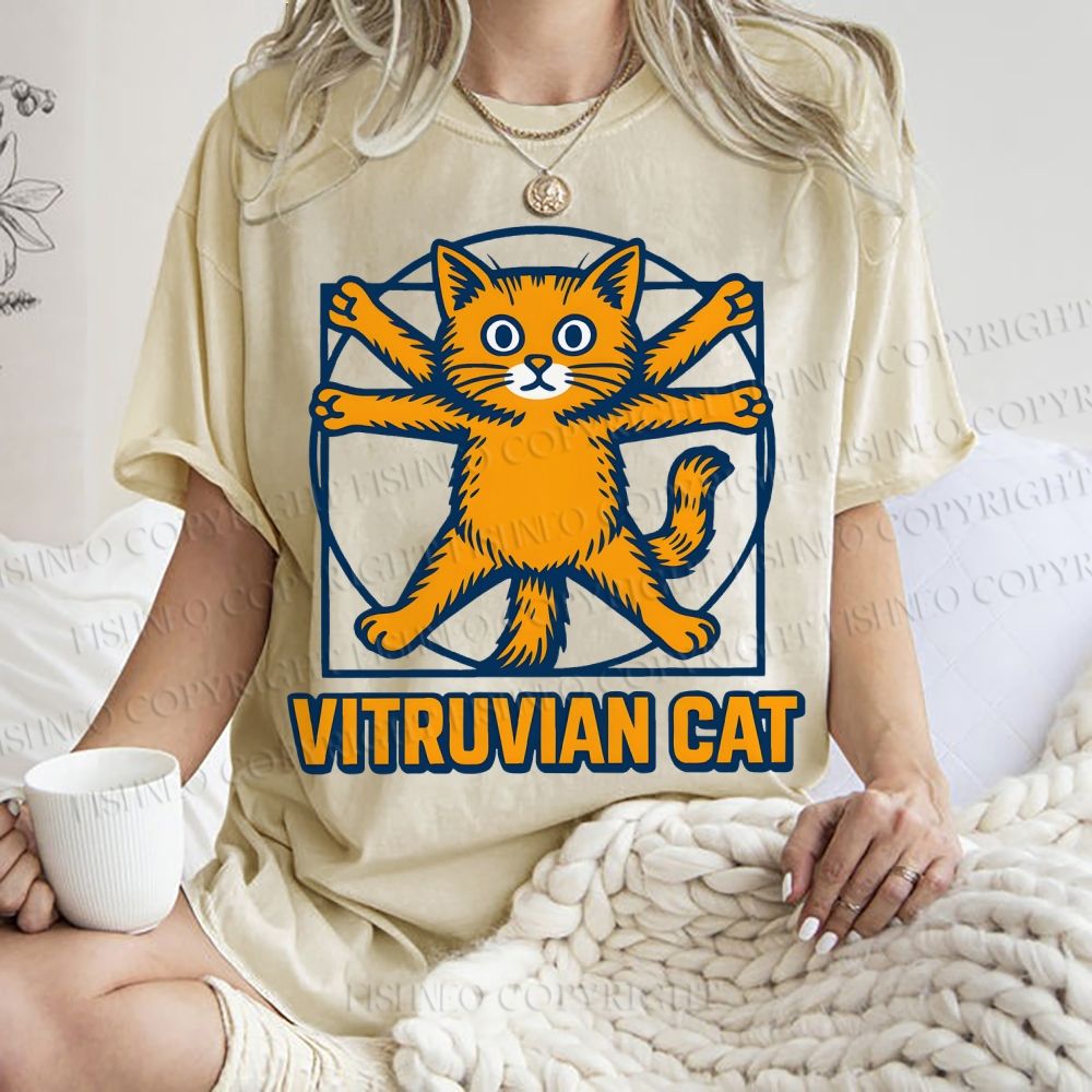Unisex Vitruvian Cat Printed Washed Tee