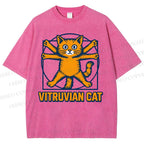 Unisex Vitruvian Cat Printed Washed Tee