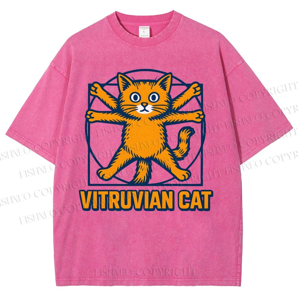 Unisex Vitruvian Cat Printed Washed Tee